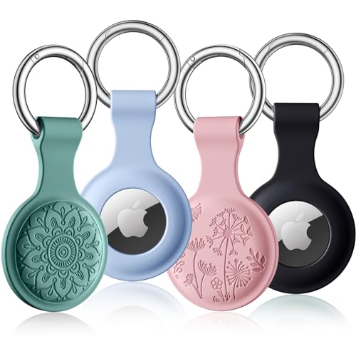 Dirrelo Airtag Holder Compatible with Apple AirTags Keyring, 4 Pack Flower Engraved Silicone Airtag Case, Scratch-Resistant Air tag Holder Keyring with Keychain for Keys Bags Luggage Pet Collars,A