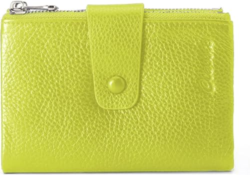 Wallet Women Bifold Genuine Leather Female Cash Purse, Large Capacity Ladies Wallet with Card Holders, ID Window, Zipper Coin Pockets, Snap Button (Moss Green)