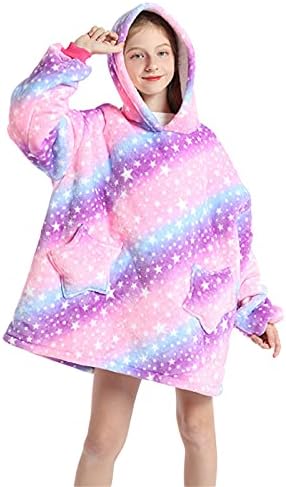 SHOBDW Girls Clothes, Children's Hoodie Oversized Pullover Wearable Blanket Sherpa Sweatshirt for Kids Leopard Solid Winter Outwear Warm Sweater One Sizes Fits All Age 5-15 Years