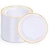 Sykomo 100Pcs Gold Plastic Dessert Plates, Plates Disposable Salad Plate with Gold Rim, Premium Hard Fancy Small Plate, Heavy Duty Plastic Cake Platos for Party, Wedding and Birthday