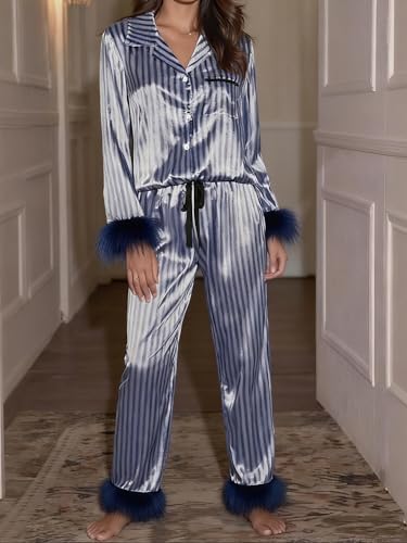 Image of Women Silk Pajamas Set Satin Long Sleeve Feather Trim 2PCS Loungwear | Christmas Button Down Shirts Long Pants 2PCS Xmas Christmas Sleepwear
