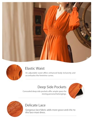 Image of Olaesa Long Sleeve Boho Maxi Dress for Women Lace Wedding Guest Dress | Spring Fall Bohemian Dress, Long Flowy Family Photo Dress with Pockets, V Neck Long Western Vacation Outfits