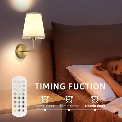 Image of Battery Operated Wall Sconces Set of Two, Dimmable Rechargeable Battery Wall Light with RGB Bulb, Rechargeable Wall Mounted Sconce Lamp with Remote Control for Bedroom, Living Room, Entryway, Gold