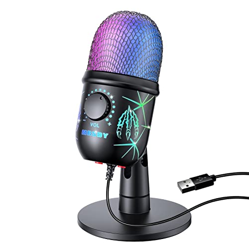 MRSDY USB Microphone, Plug and Play Gaming Mic for PC, Mac, PS4/5, Podcast Microphone with RGB, Mute, Monitor, Noise Reduction, Volume Gain, Great for Recording, Streaming
