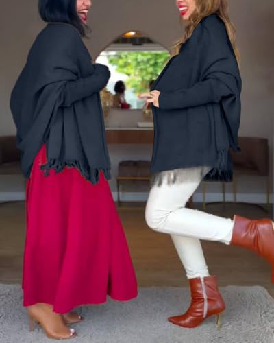 CHICME Solid Poncho Shawl Wraps 2025 Knitted Poncho Cardigan Warm Long Sleeve Cozy Versatile Fringe Sweater Cardigan2