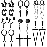 Quelay 8 Pairs Dangle Hoop Earrings for Men Women Punk Y2k Goth Gothic Tassel Chain Drop Star Moon Stud Huggie Earrings Gift(Tassel Style,Black)