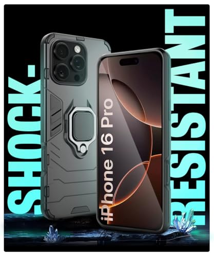 Image of WOW IMAGINE Shock Proof Back Case Mobile Cover for iPhone 16 Pro | Back Cover Case (Tough Armor | Hybrid PC + TPU | Ring Holder & in-Built Kickstand | Black)