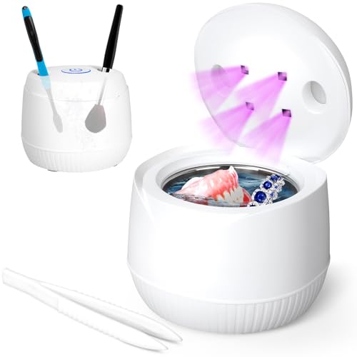 Ultrasonic U-V-C Cleaner for Dentures, Aligner, Retainer, Makeup Brush, 45kHz Ultrasonic 304 Stainless Steel Small and Portable for Travel