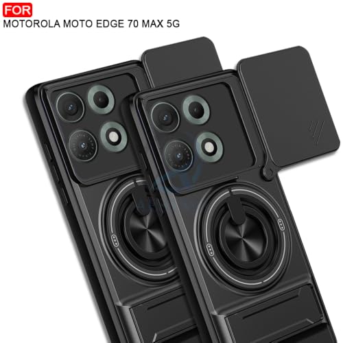 Image of AESTMO Motorola Moto Edge 70 Max 5G Back Cover | Armor Camera Slider 360 Degree Rotating Finger Ring Holder Case with Bracket Stand Back Case Cover (Compatible with MagSafe Accessories) (Black)