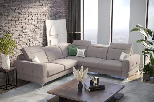Friderik Sofá esquinero Malibu Max 250 x 250 cm con función de dormir, tejido Gemma, reposacabezas y reposabrazos ajustables (beige, izquierdo)