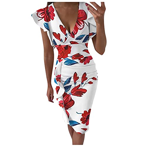 QAZX Sommerkleid Damen Knielang Elegant Blumendruck Freizeitkleid V-Ausschnitt Rüschen Kurzarm Slim Fit Bodycon Midikleid Figurbetontes Kleid Buisnesskleidung Frauen Partykleid Abendkleid Cover