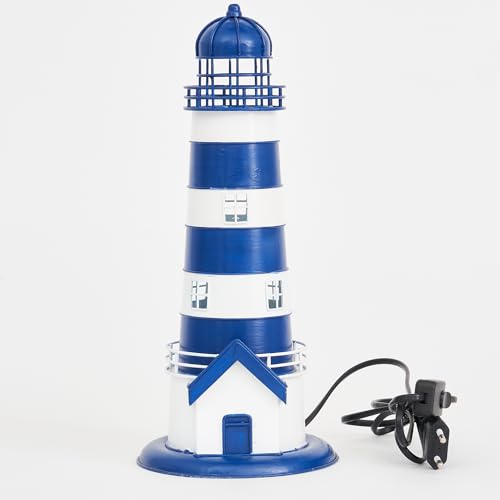 Faro decorativo con luz, fabricado en metal pintado en blanco y azul , faro eléctrico ideal para decoraciones con temática náutica