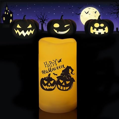 EZiGarden Halloween Pumpkin LED Light Outdoor Waterproof Pumpkin Jack-O-Lantern with Pumpkin Pattern Flameless Flickering Plastic LED Pillar Candle with Time for Halloween Party Home Decor 3x5 Inches Cover