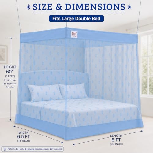 Image of ANS Mosquito Net for Double Bed | 6.5 x 8 Ft Large Size | Floral Mesh with Cotton Top & Bottom Border | Hanging Type Net with Free Air Flow | Sky Blue