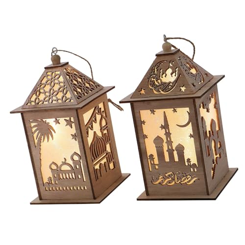 omiinitio Juego de 2 lámparas de madera para festivales musulmanes con luz LED cálida, para aplicaciones religiosas y domésticas, farolillos luminosos fáciles de colgar