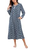 AVIIER Cotton Nightgowns for Women Soft Long Sleeve Night Gown with Pockets Navy flower L