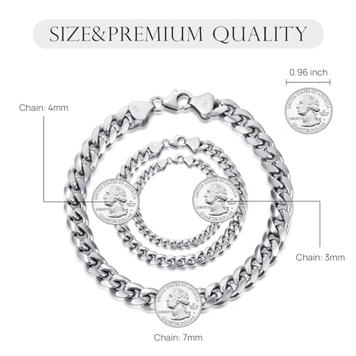 Dacc & Aya Fashion 925 Sterling Silver Flat Curb Cuban Link Chain Bracelet for Men Women, 3MM, 4MM, 7MM, Solid Silver Cuban Thick Big Link Chain Bracelet with Lobster Clasp, 7-9 Inch2