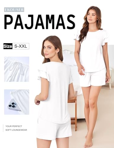 Image of Ekouaer Womens Pajama Sets 2 Piece Ruffle Sleeves Top and Shorts Pjs | Soft Sleepwear Cute Loungewear Set with Pockets for Sleep, Lounge, Wedding, Party, Bridal