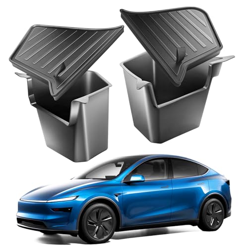 qbvk Rear Trunk Side Storage Box for Tesla Model Y Juniper 2025-2026 5-Seater, 2-Piece Black TPE Organizer with Waterproof Lids