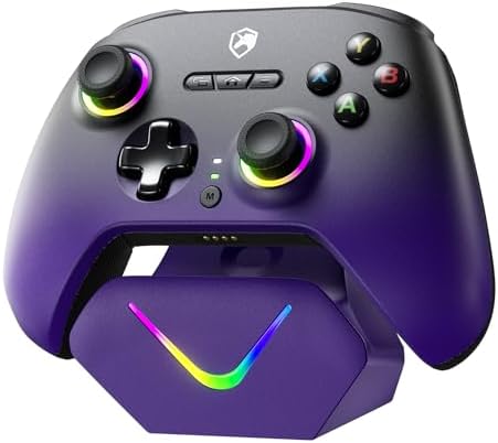 （13:30時点） ECHTPower PC コントローラー ドック搭載 ワイヤレス 無線 2.4Gレシーバー TMRホールスティック 1000Hz TURBO連射 振動調整 ジャイロセンサー搭載 背面ボタン 連続使用12時間 RGBライト PC/Switch/Steam/スマホに対応 紫