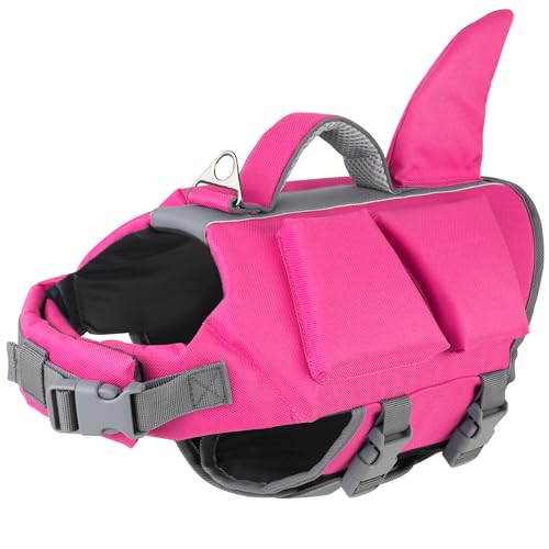 Dogcheer Dog Shark Life Jacket with Extra Foam, High Buoyancy Dog Life Vest with Rescue Handle for Swimming Boating, Reflective Adjustable Puppy Swim Vest for Small Medium Large Dogs, Pink -