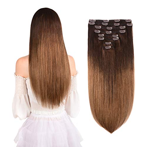 18" Remy Clip in Hair Extensions Human Hair Medium Brown to Light Auburn for Beauty - Short Silky Straight 8pcs Real Hair Extensions Clip In Human Hair(18 inch 100g #4T30)