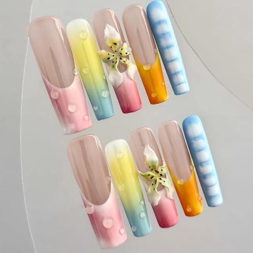 Handmade Press on Nails - Bohemian Subtropical Style Colorful Hand-Painted Patterns and 3D Boho Flowers Long Coffin Style Acrylic Fake Nails, 10 Pieces (XS)