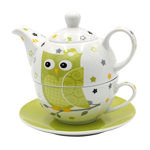 Dekohelden24 Set di teiera in porcellana con gufo, 3 pezzi, L/L/A/H 16 x 14 x 10 cm, capacità teiera – tazza 400 – 200 ml