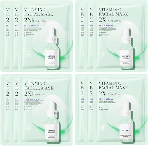 12 PCS Korean Face Masks Skincare Set, Vitamin C Facial Sheet Mask, Brightening & Hydrating Care, Helps Improve Skin Tone for Smooth & Radiant-Looking Skin (Vitamin C Sheet Mask)