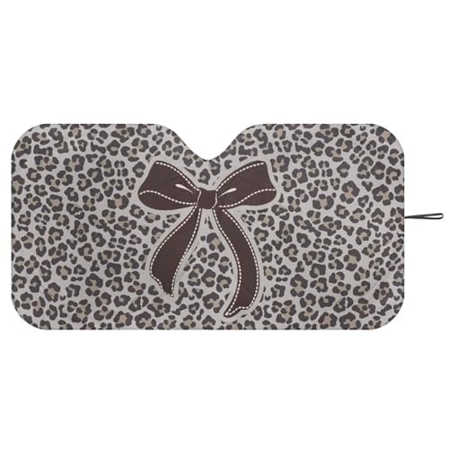 Image of Bow Leopard Print Car Front Windshield Sun Shade, Windshield Sunshade Front Window Cover Blocks UV Rays Sun Visor Fit Most Car, Truck, SUV, or Van 66.53 L x 34.44 inch W