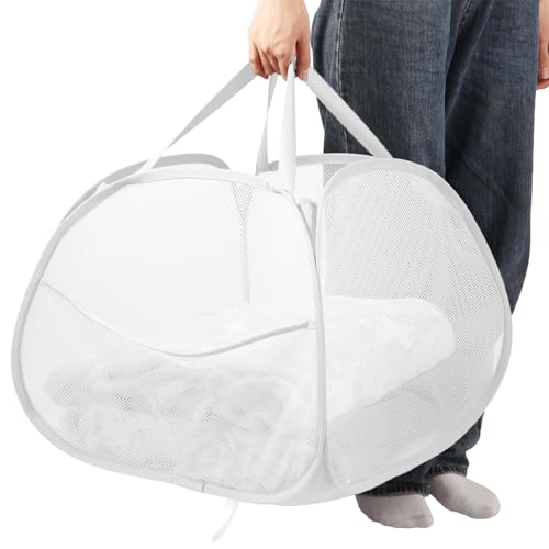 Image of Bemkoo Collapsible Laundry Basket, 90L Large Foldable Mesh Pop Up Hamper for Laundry, Dirty Clothes, Bedroom, Bathroom, Dorm, Laundry Room, Travel, Camping, White