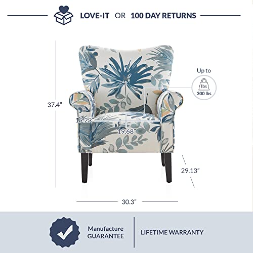 Belleze Modern Accent Chair Armchair For Living Room Or Bedroom With Wooden Legs, High Back Rest, Padded Armrest, And Comfortable Cushioned Seat - Allston (Blue Floral) #TOP2