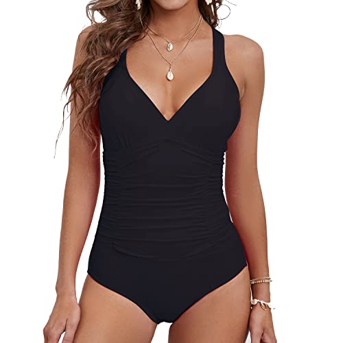 Ynique Women's One Piece Bathing Suits Tummy Control Swimsuits V Neck Ruched Slimming Swimwear #TOP2