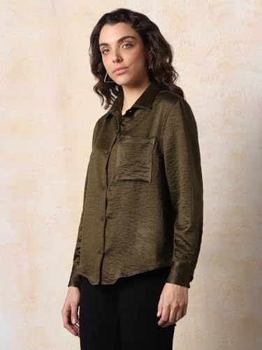Image of High Star Women Boxy Spread Collar Long Sleeves Solid Shirts 43