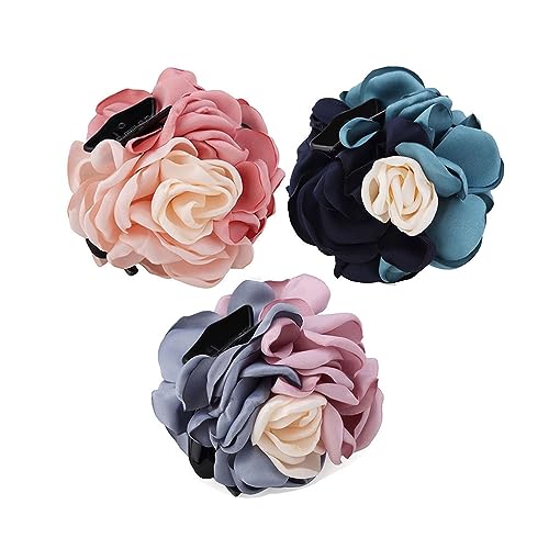 Leadigol Rose Flower Hair Clips Set - 3PCS Plastic Claw Clips, Elegant Fabric Floral Barrettes, Women's Ponytail Shark Clips