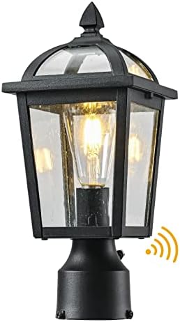 Moonlok Dusk to Dawn Outdoor Post Light, Waterproof Pole Lantern Light Fixture, Seeded Glass Exterior Matte Black Lamp Post Light for Yard, Garden, Fence, Pathway