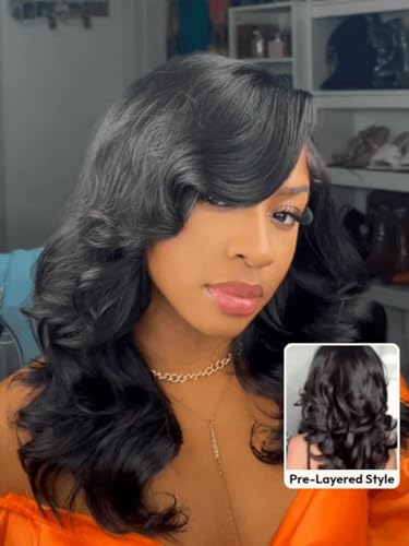 Image of Beauty Forever Bye Bye Slip Feathered Layer Wig 200% Density Human Hair 7x5 HD Lace Glueless Left Side Part Wig with Secure Silicone Strips&Drawstring Pre Plucked Pre Cut Wear Go Wig for Women 10inch