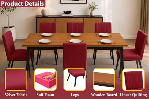 Image of Rosebell 6 Seater Dining Table Set with Cushioned Chairs | Modern Dining Table for Home, Dining Room & Kitchen | Black Metal Legs | Red