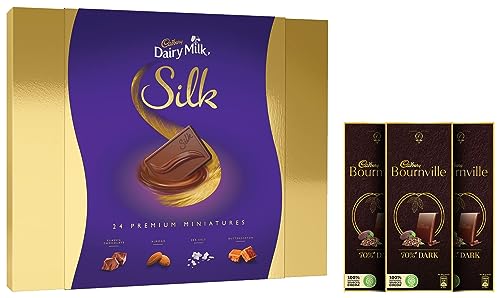 Image of Cadbury Silk Dairy Milk - Silk Miniatures Collection, 240 Grams & Bournville Rich Cocoa 70% Dark Chocolate Bar, 3 X 80 Grams