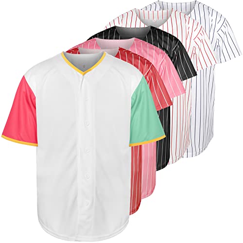 JKNAKN Blank Baseball Button Down Jersey Plain Short Sleeve Hipster Hip Hop T Shirts Jersey (Medium, White-GR)