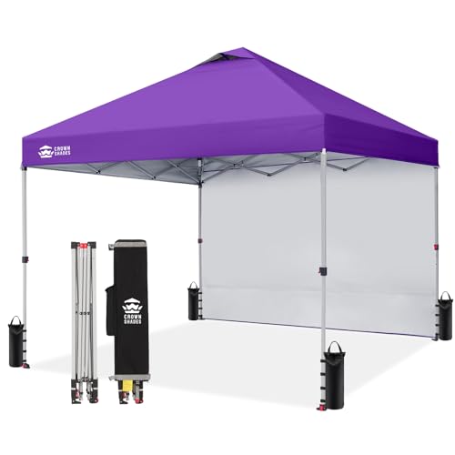 CROWN SHADES 10x10 Pop Up Canopy with 1 Side Wall - Beach Tent with One Push Setup - Outdoor Sun Shade for Events Parties Camping - Gazebo with STO-N-Go Cover Bag (Purple)