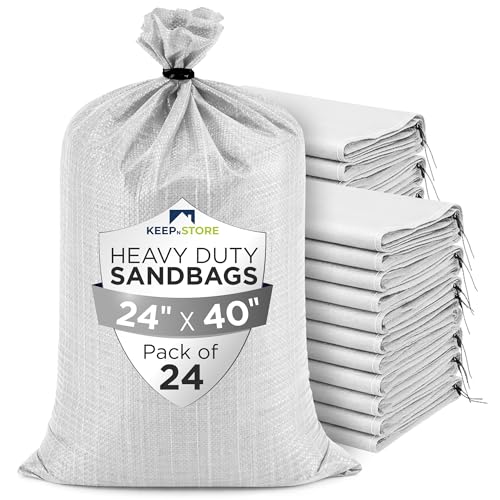 Heavy Duty Sand Bags Pack of 24, White Empty Sandbags with Built-In Ties, Woven Polypropylene UV Protection 1600 Hours, Fillable Bags for Flood Control, Weight, 24x40 inches, 125 Pounds Volume