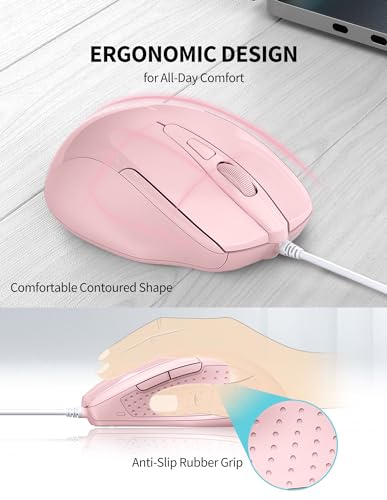 Image of TECKNET Wired Mouse, 6-Button Corded with 4 Adjustable DPI, Optical Ergonomic Design, 5FT Cord for Laptop, Chromebook, PC, Desktop, Mac, Notebook - Pink