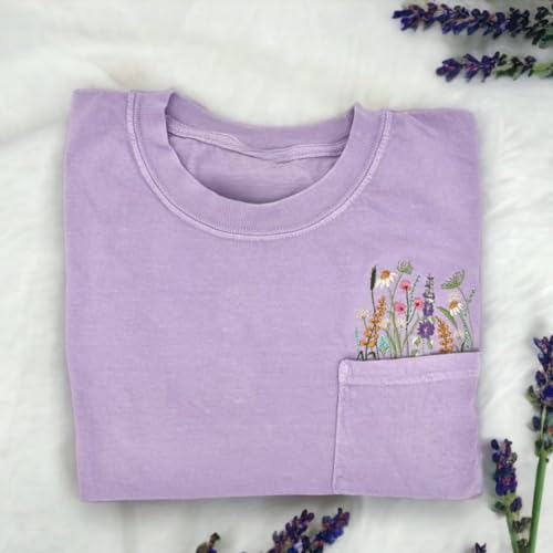 Embroidered crewneck wildflower pocket Tshirt, Hoodie, Sweatshirt, Embroidered flower shirt, Spring clothing, Floral pocket tee2