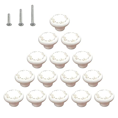 HUAMULAN 15PCS White Glossy Ceramic Knobs Button Mushroom Floral Round Cabinet Dresser Pulls DIY Door Handles Cupboard Wardrobe Drawer, Dia. 1.5 inch 38mm