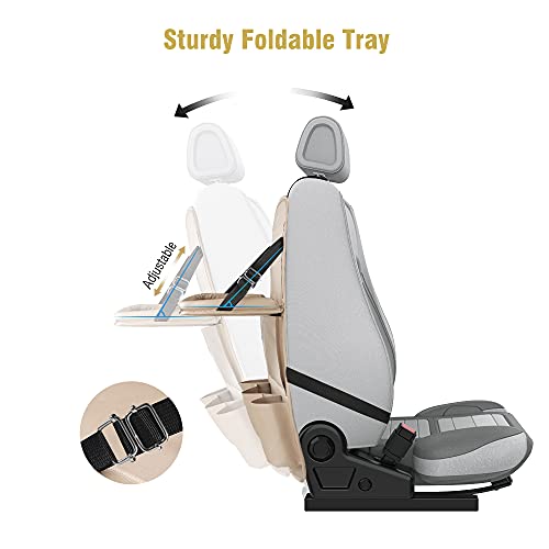 Tsumbay Car Backseat Organizer with Tablet Holder,9 Storage Pockets PU Leather Car Storage Organizer with Foldable Table Tray Car Seat Back Protectors Kick Mats Travel Accessories-Biege 1Pcs