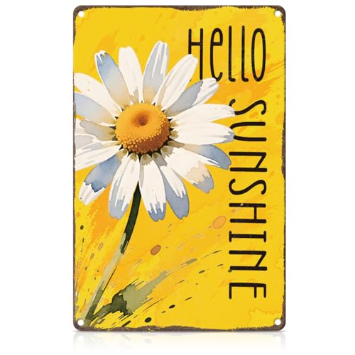 Vintage Summer Daisy Metal Tin Sign Hello Sunshine Daisy Sign Wall Art for Home Porch Garden Yard Indoor Outdoor Wall Decor