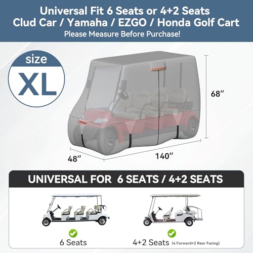 100% Waterproof 1200D Solution-Dyed Golf Cart Cover Universal Fit Yamaha,Honda,Club Car,EZGO and Most Brand Golf Cart for 2/2+2/4/4+2/6 Seats with Zipper Door,Storage Bag,Fit for 4+2/6 Passenger Cart - Thumbnail 7