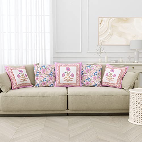 Image of BLOCKS OF INDIA Hand Block Printed Cotton Linen Cushion Cover (16 X 16 Inches) (Brown Purple Motifs), 250 TC