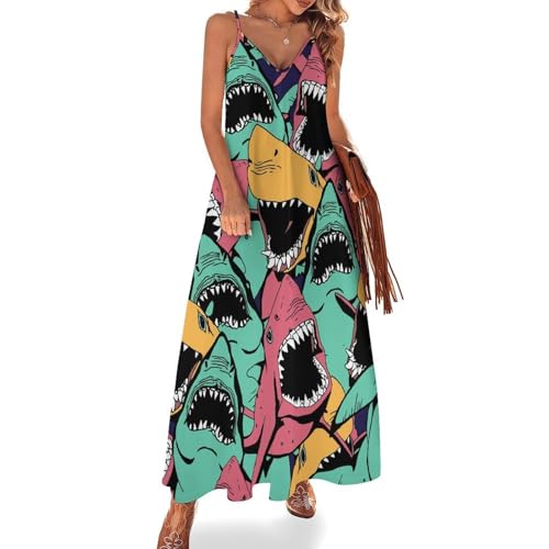 Robe longue requins colorés pour femme tenue été fluide robe maxi plage et voyages